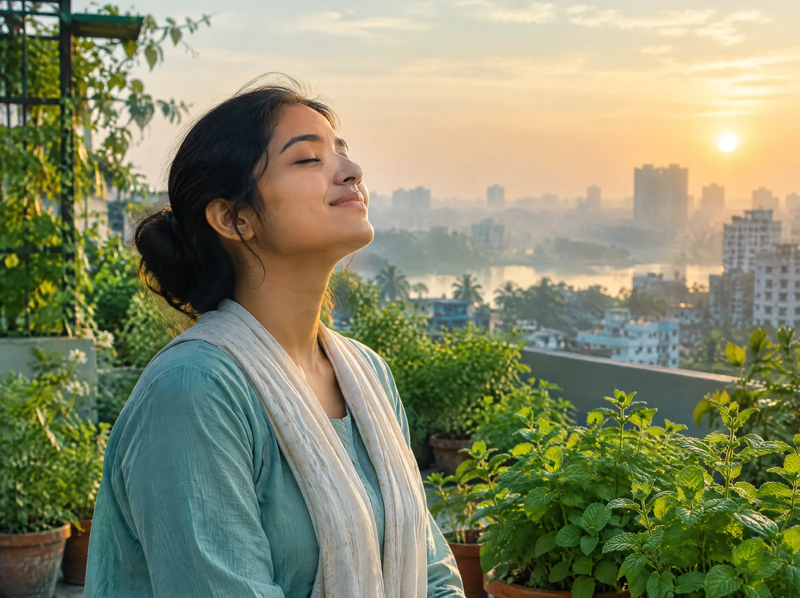 A woman on a green Dhaka rooftop at sunrise, eyes closed, taking a slow deep breath