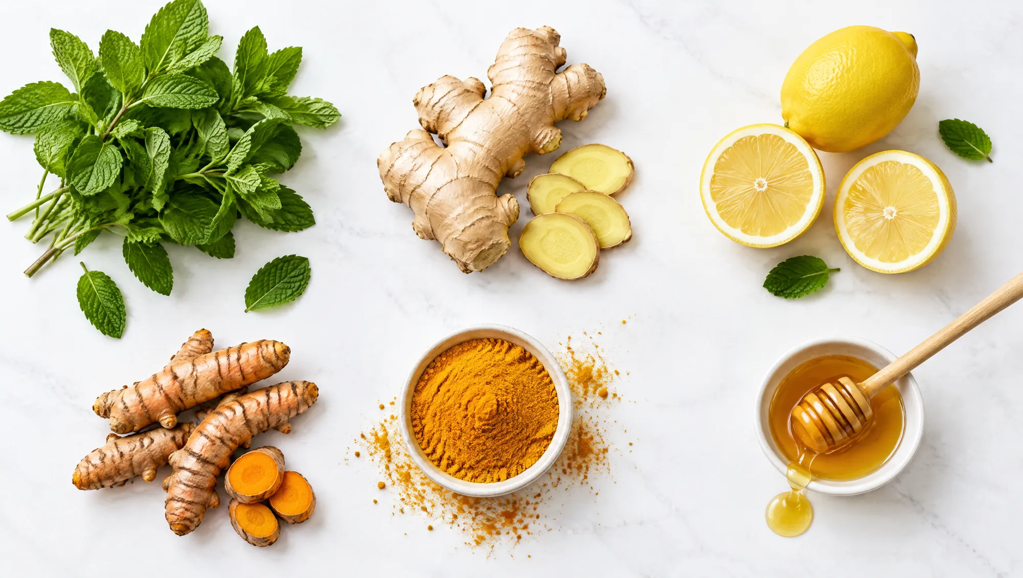 Fresh mint, ginger root, turmeric root and powder, lemons and honey on white stone